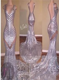 Silver Sequined Prom Dresses Deep V Neck Sexy Backless Long Evening Dresses Sparkly Pageant Gowns Sexy Mermaid Celebrity Dresses7740736