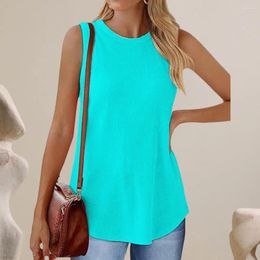 Women's Blouses Round Neck Top Ribbed Blouse Stylish Summer Vest For Women O-neck Loose Fit Tank Solid Color Pullover Streetwear Mid-length