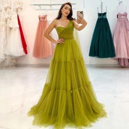 Party Dresses 2024 Sexy One Shoulde Mustard Green Prom A Line Sheer Top Floor Length Ruffles Tiered Tulle Wedding Gown For Girls