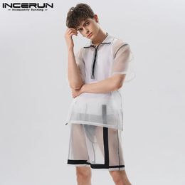 Men Sets Mesh Patchwork Streetwear See Through Short Sleeve Zipper Shirt Shorts 2PCS Breathable Sexy Men Suits INCERUN 240412