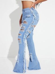 Women's Jeans Pants Trendy Street Casual Cut Holes High Waist Bell-bottoms