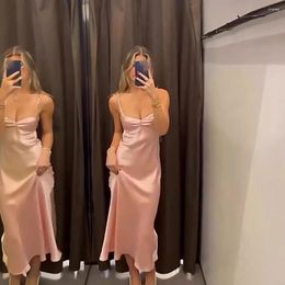 Casual Dresses Women Satin Sexy Dress Square Neck Spaghetti Strap Clothes Sleeveless Low Cut Backless Wrap Long