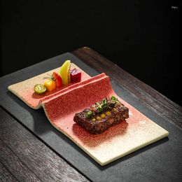 Plates Creative Scroll-style Steak And Western-style Tableware Red Glazed Japanese Sushi Rectangular Flat Plate Molecular Cooking Dish