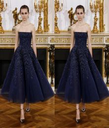 Sexy Dark Navy Strapless Evening Gowns 2017 Sparkly Applique Beads Tea Length Prom Dresses Zipper Back Formal Party Dresses Custom5900620