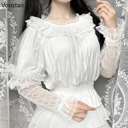 Women's Blouses Victorian Gothic Y2k Lolita Style Blouse Women Vintage Elegant Lace Ruffles Long Sleeve Shirt Japanese Slim Tops Blusas