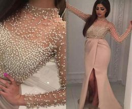 2021 Evening Dresses Wear Arabic Islamic High Neck Long Sleeves Crystal Pearls Mermaid Front Split Formal Dubai Abaya Party Dress 8007094