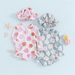 Women's Swimwear Toddler Girls Rash Guard Swimsuit Rompers Long Sleeve Flower Print Ruffles Zipper Kids Bathing Suit With Swim Cap