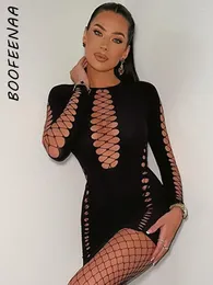 Casual Dresses BOOFEENAA Hollow Out See Through Long Sleeve Bandage Sexy Black Nightclub Outfis Bodycon Mini Dress For Women C15-BF19