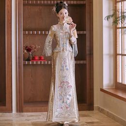 Ethnic Clothing Chinese Dress Traditional Golden Xiuhe Set 2024 Bride Wedding Champagne Senior Jacket Skirt Toasting Women Mens Tang Suit