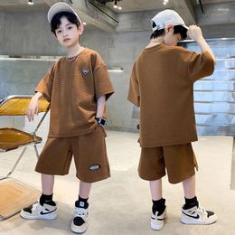 Clothing Sets 3-10 Years Fashion Boys 2024 Summer Solid Color Shortsleeve Tee Tops Mid Shorts 2 Pcs Cool Suits