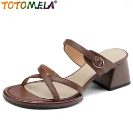 Slippers TOTOMELA 2024 Size 34-40 Genuine Leather Woman Round Toe Ladies Casual Vintage Square Med Heels Shoes