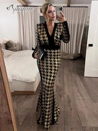 Casual Dresses Ailigou 2024 Women'S Sexy V-Neck Long Sleeved Sequined Bird Cheque Tight Fitting Dress Elegant Celebrity Party Evening
