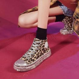 Casual Shoes Women Rivet Decoration Leopard Print Upper High Top Canvas Round Toe Thick Sole Fashionable And Versatile Board