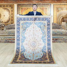 Carpets Yilong 4'x6' Handmade Persian Blue Rugs Turkish Medallion Silk Carpet (ZQG472A)