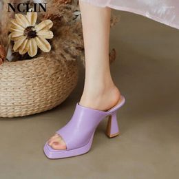 Slippers 2024 Summer Women Genuine Leather Square Toe Chunky Heel Solid Sandals High Heels Shoes For Handmade