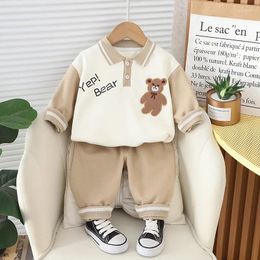Clothing Sets 2024 Spring Baby Boys Long Sleeve Lapel Cartoon Bear Sweatshirt Tops Pants Children's Casual Clothes