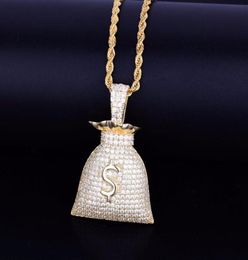 New US Dollar Money Bag Pendant With Tennis Chain Gold Silver Color Bling Cubic Zircon Men039s Hip hop Necklace Jewelry For Gif8376139