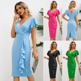 Party Dresses Women's Sexy Short Sleeve V Neck Bodycon Dress Wedding Guest Cocktail Evening Work Faux Wrap Ruched Midi