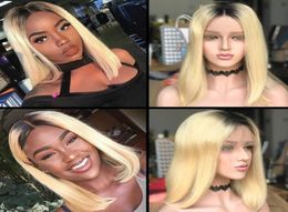 Honey Blonde Ombre Bob Human Hair Wigs 8quot 180 Density Short Dark Roots Blonde 1B613 Lace Front Wigs Glueless with Baby Hair8525380