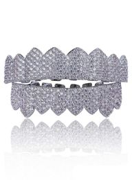 Micro Pave Cubic Zirconia Silver Gold Colour Teeth Grills Hiphop Rocker Halloween Iced Out Caps TopBottom Fang Grills Set Bling Te5402320