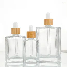 Storage Bottles Transparent 30ml 50ml 100ml Flat Square Cosmetic Serum Essential Oil Glass Dropper Bottle With Bamboo Cap 15ml