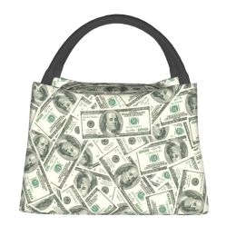 US American Dollar Bill Insulated Lunch Bags for Outdoor Picnic Banknotes Pattern Waterproof Thermal Cooler Lunch Box Women