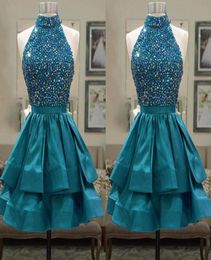 Turquoise Green Satin Short Homecoming Dresses High Neck Sleeveless Crystal Ribbon Ruffles Keyhole Back Short Prom Dresses Cocktai6323407