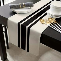 1pc Geometric Stripe Linen Table Runner, Modern Simple Black AndWhite Plaid Classic Vintage Table Cloth, Home Decoration