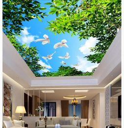 Wallpapers Tree Blue Sky Clouds Pigeons Living Room Ceiling Wallpaper 3d Stereoscopic Non Woven Home Decoration