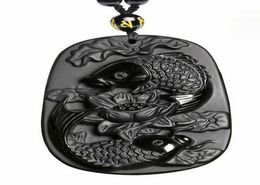 Natural Obsidian Pisces lotus fish koi necklace Amulet pendant with bead chain7522074