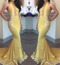 Halter Sexy Open Front Mermaid Evening Dresses with Appliques Floor Long Formal Party Dresses 2017 Evening Gown Backless7683713