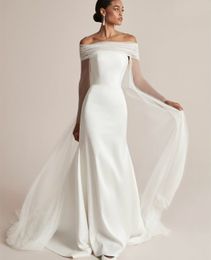 Classy Long Strapless Crepe Wedding Dresses With Tulle Wrap Mermaid Ivory Pleated Sweep Train Vestido de novia Zipper Back Bridal Gowns for Women