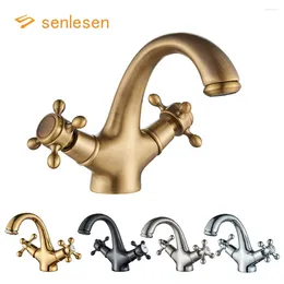 Bathroom Sink Faucets Senlesen Antique Faucet Basin Two Handles Washbasin Taps Solid Brass Deck Mounted Cold Water Mixer Tap Gold