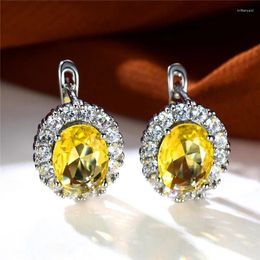 Hoop Earrings Luxury Crystal Yellow Oval Stone Multicolor Zircon Small Wedding Jewellery For Women