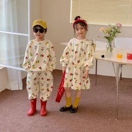 Clothing Sets 2024 Korean Spring Autumn Children Sibling Look Clothes Set Printed Flowers Waist Brust Dress Suit Loose Stretch Outfit