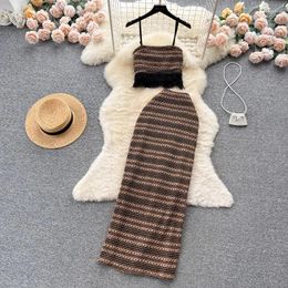 Work Dresses Holiday Ethnic Girl Skrrts Suit Women Summer Tassel Striped Strap Strapless Tops Vest High Waist Midi Skirt 2-piece