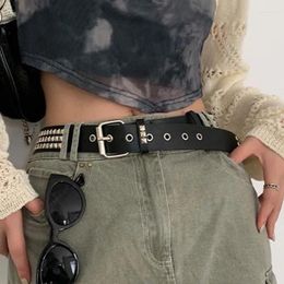 Belts 2024 Gothic Square Bead Rivet Belt Metal Pyramid For Men And Women Punk Hardware Jeans Designer Female