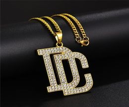 Fashion Men Women Hip Hop Letter DC Big Pendant Necklace Jewelry Full Rhinestone Design 18k Gold Plated Chains Trendy Punk Necklac1861654