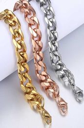 Bracelets For Men Rose Gold Silver Colour Curb Cuban Link Chain Stainless Steel Bracelet Mens Jewellery Gifts 14mm HKBM258046246
