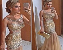 Backless Sexy 2019 Prom Dresses Sheer Neck Sequins Mermaid Long Tulle Cheap Custom Made Formal Gold Sheer Pageant Party Evening Go1096719