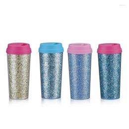 Mugs 450ml Double Wall Plastic Water Bottle Glitter Cups Colourful Coffee Reusable Acrylic Tumbler
