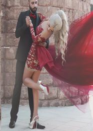 Black Girl Short Prom Dresses 2016 Wine Red Crew Neckline with Illusion Long Sleeves and Flying Tulle Skirt Couples Fashion5605548