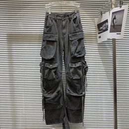 Women's Jeans BORVEMAYS Dark Grey Autumn Casual Women High Waist Solid Color Drawstring Pockets All-match Pants WZ5616