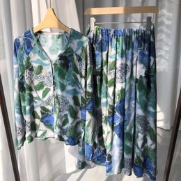 Work Dresses Beautiful Summer Flowers Blue-green Tones Watercolour Print Silk Shirt Skirt Set 17mm Sand Washed Double Crepe