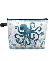 Cosmetic Bags Mediterranean Style Ocean Stripes Starfish Octopus Makeup Bag Pouch Women Essentials Organizer Storage Pencil Case