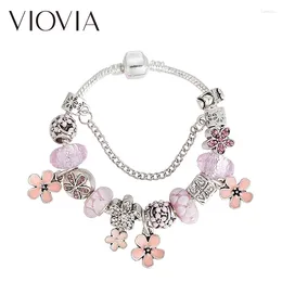 Charm Bracelets VIOVIA Pink Flower For Women Kid Murano Beads Lovely Brand & Bangles Jewelry Gifts B17155