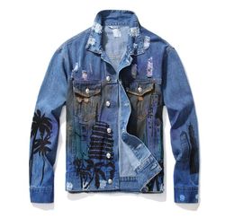 New Men039s Male Casual Loose Coconut Palm Printed Jean Jacket Fashion Holes Ripped Denim Coat Letters Painted Outerwear2814493