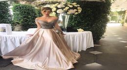 2017 Elegant Champagne Satin Prom Dresses Beadeding Short Sleeves Off Shoulder Formal Evening Gowns Special Occasion Prom Dresses4479915