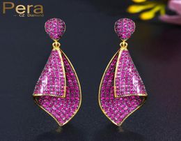 Pera Luxury Quality Rose Red CZ Zircon Elegant Conch Shape Dubai Gold Drop Earrings For Women Wedding Party 925 Jewlery E545 Dangl5617245