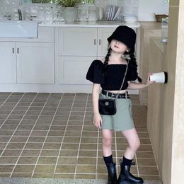 Clothing Sets Girls Set 2024 Summer Korean Solid Puff Sleeves Top And Skirt Three Pieces Casual Comfortable